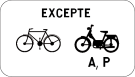 Panneau additionnel M12fr Excepté cyclistes, speed pedelecs et cyclomoteurs A